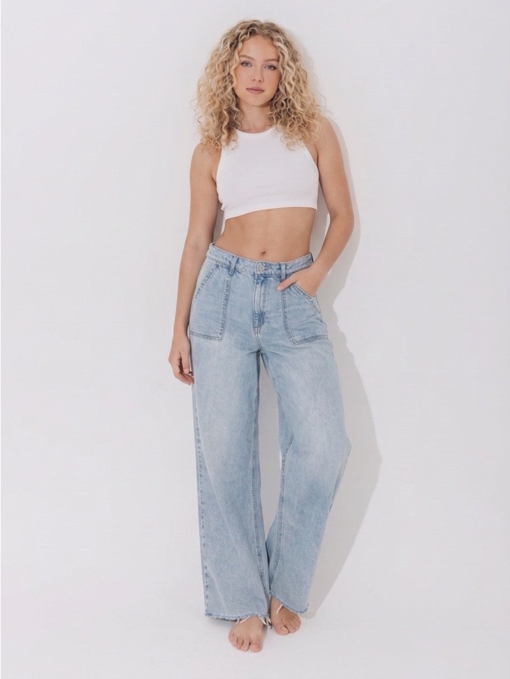 Lucky Brand Light Blue Wide Leg Jeans with Front Patch Pockets